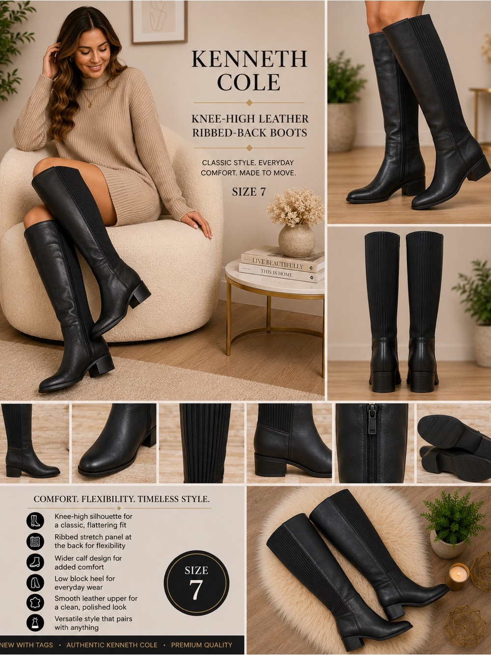 Kenneth Cole Black Knee-High Leather Ribbed-Back Boots 7 NEW